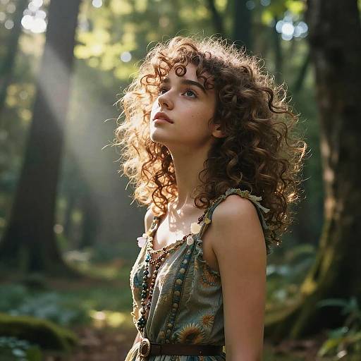 Photograph of a young woman with curly brown hair, wearing a floral-patterned sleeveless top, standing in a sunlit forest, looking upward,