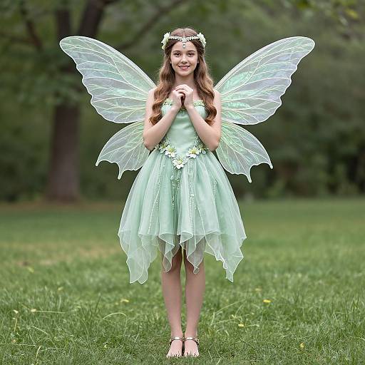Photograph of a young woman with long brown hair, wearing a mint green fairy dress, transparent wings, flower crown, and heels, standing on grass