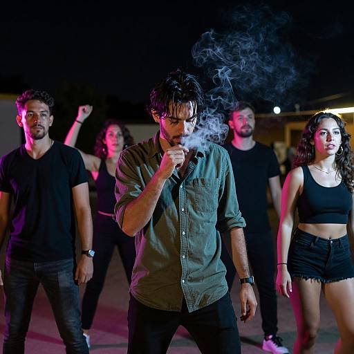 Group of Young Adults Dancing at Night with Smoking Man