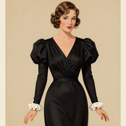 Digital illustration of a fair-skinned woman with wavy brown hair, wearing a black, long-sleeved dress with puffed shoulders and white cuffs