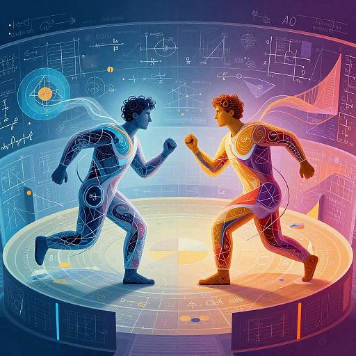 Digital illustration of two male athletes in dynamic running poses on a glowing circular stage, surrounded by scientific blue and orange equations.