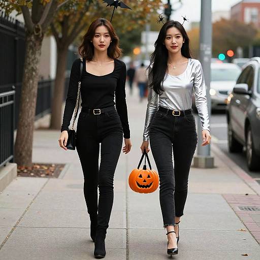 Women in Halloween Costumes Walking on Sidewalk