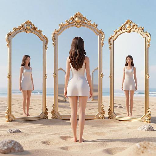 Photograph of a woman with long brown hair in a white dress, standing barefoot on a sandy beach, facing three ornate gold mirrors, reflecting