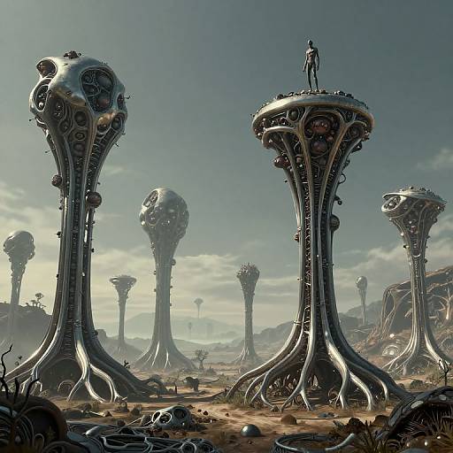 Digital art of a dystopian landscape with towering, metallic, bioluminescent structures with humanoid figures standing atop, surrounded by barren, rocky terrain and