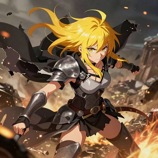 Dynamic anime-style illustration of a fierce blonde warrior with yellow eyes, clad in black and silver armor, wielding a sword amidst a blazing battlefield.