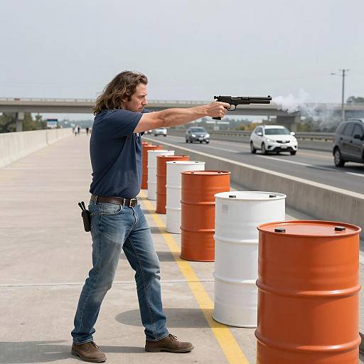 Intense Man on Bridge with Gun