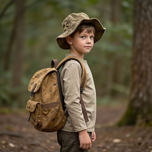 Photograph of a young boy with light skin, brown hair, wearing a beige long-sleeve shirt, brown pants, and a camouflage bucket hat