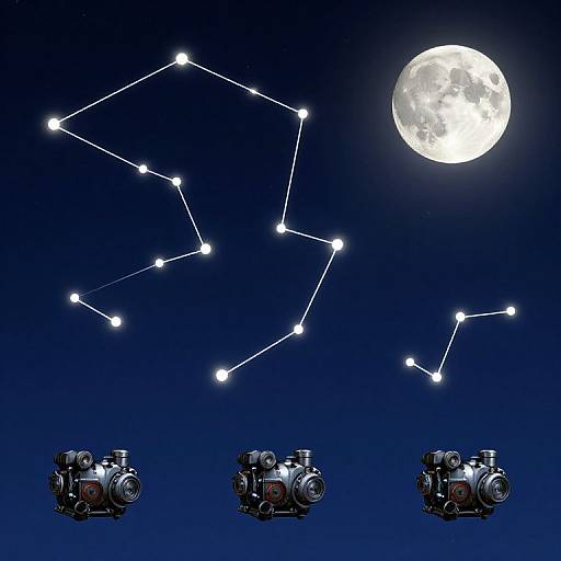Digital artwork: Bright constellation against a dark blue night sky, with a full moon; three robotic cameras aligned at the bottom.