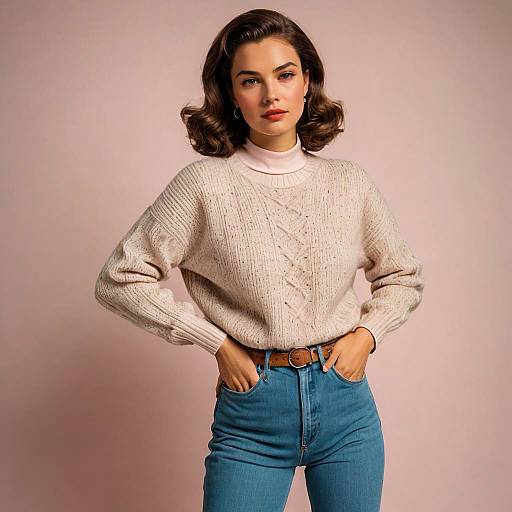 Retro Woman in Vintage Sweater and High-Waisted Jeans