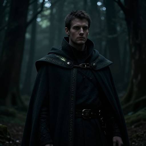 Photograph of a serious-looking man with short brown hair, wearing a dark, ornate cloak with intricate patterns, standing in a dimly lit,