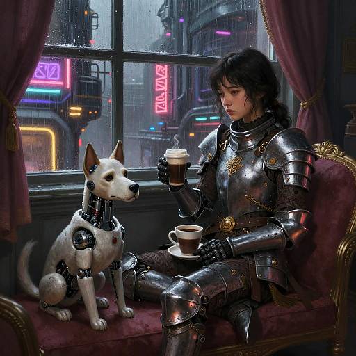 Cyberpunk scene: armored woman with curly black hair sips coffee, robotic white dog by her side, rain outside neon-lit window.
