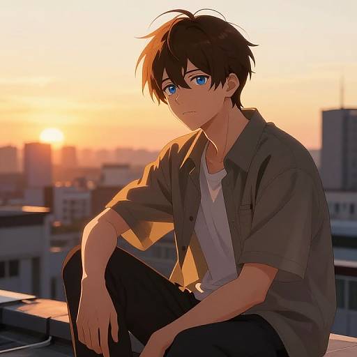 Anime-style digital drawing of a young man with blue eyes, brown hair, and a serious expression, sitting on a rooftop at sunset, wearing a gray