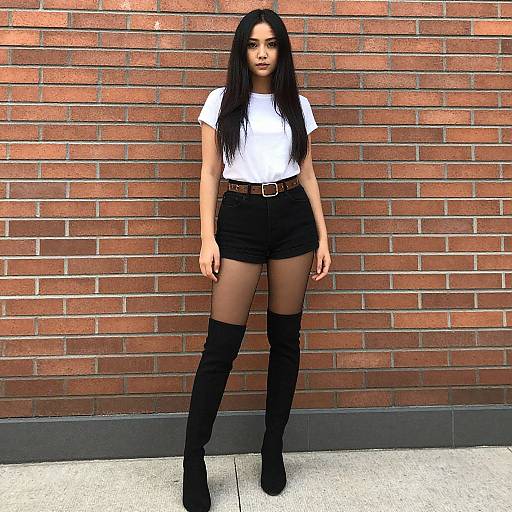 Photograph of a young woman with long black hair, wearing a white t-shirt, black high-waisted shorts, black belt, black thigh-high