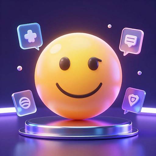 Digital CGI of a glowing, orange smiley face with black eyes and a smile, surrounded by floating blue speech bubbles with icons.