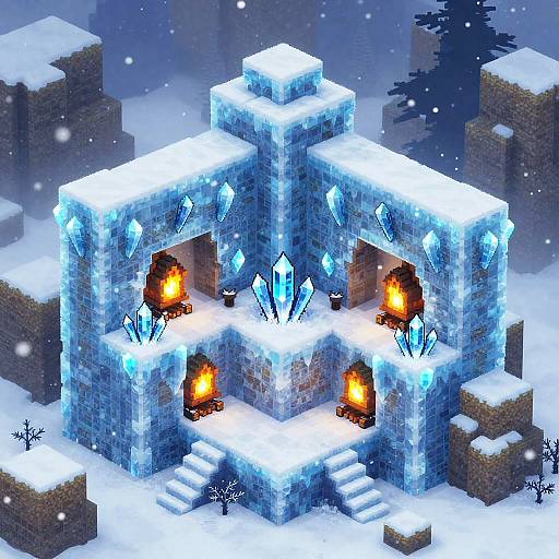 Digital artwork of a snow-covered, blue crystalline temple with glowing orange flames and ice crystals, surrounded by snow-laden stone ruins.