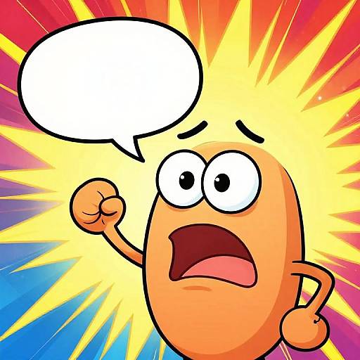 Cartoon orange fruit character with wide eyes, open mouth, and raised fist, speech bubble, against vibrant yellow, red, and blue radiating background