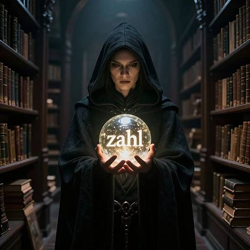 Mysterious woman in dark hooded cloak holds glowing orb with 