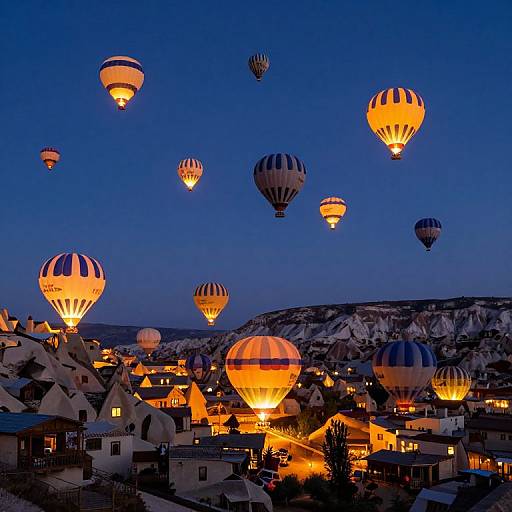 Photograph of a twilight Cappadocia landscape with glowing hot air balloons above a village of white, conical-roofed houses.