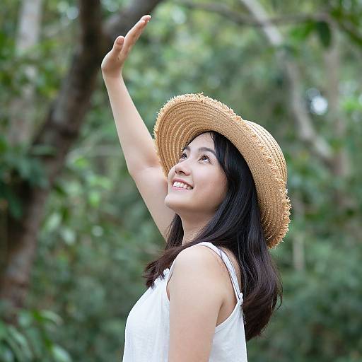 Photograph of a smiling Asian woman with medium skin tone, black shoulder-length hair, wearing a white sleeveless top and a straw hat, raising her