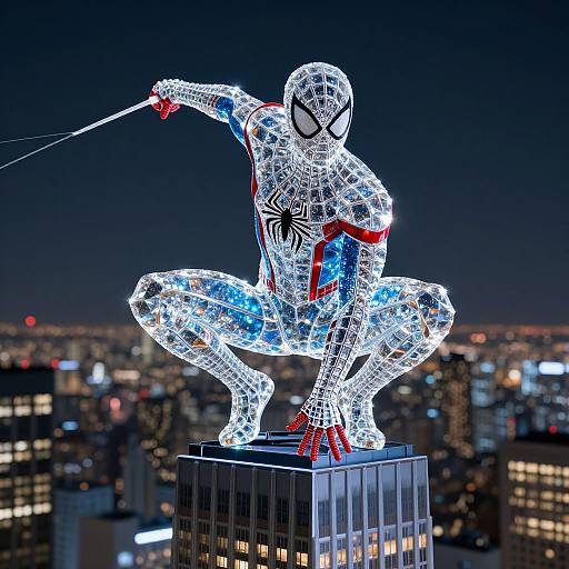 Bright neon wireframe Spider-Man crouching on a skyscraper at night, illuminated against a city skyline with twinkling lights.