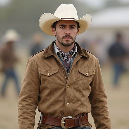Photograph of a rugged, bearded man in a white cowboy hat, brown leather jacket, and blue bandana, standing in a blurred, outdoor