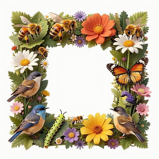 Floral and Wildlife Frame with Bees, Birds, and Butterflies