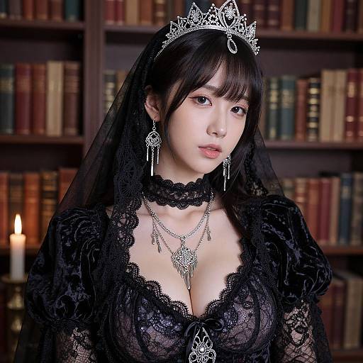 Photograph of an Asian woman with pale skin, black lace dress, revealing cleavage, silver tiara, earrings, and necklace, in a library