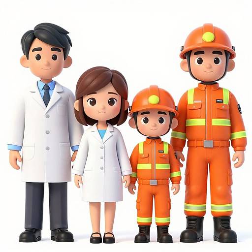 Cartoon Team in White Coats and Orange Uniforms