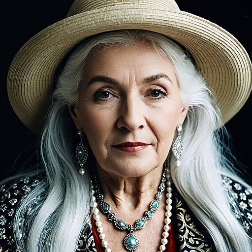 Elegant Elderly Woman Wearing Jewelry and Hat