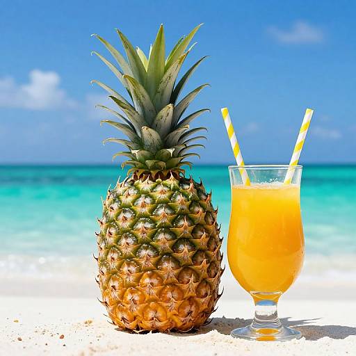 Photograph of a pineapple and a glass of orange juice with yellow-striped straws on a bright, sandy beach with turquoise ocean and clear blue sky.