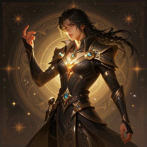Digital artwork of a dark-haired, muscular, androgynous figure in ornate, glowing black armor with blue gemstones, illuminated by a golden