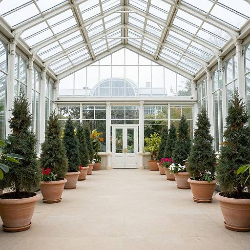 Photograph of a bright greenhouse with a glass roof, featuring symmetrical rows of tall, potted evergreen trees and colorful flowers on a tiled floor