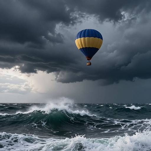 Photograph of a blue and yellow hot air balloon soaring above tumultuous ocean waves under a dramatic, stormy sky with dark clouds.