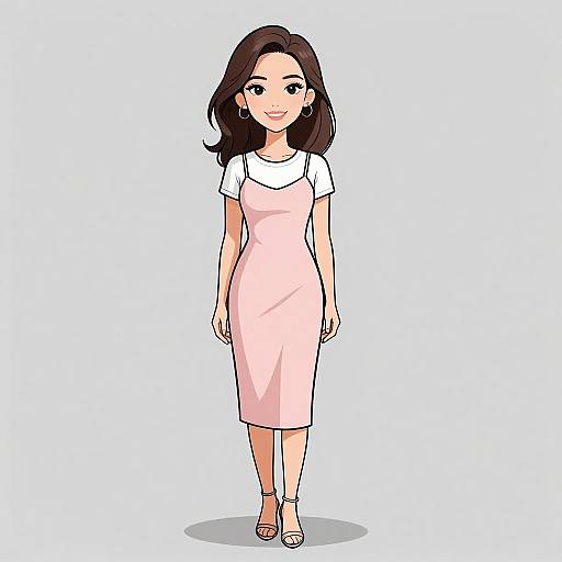 Digital illustration of an Asian woman with straight black hair, wearing a pink dress over a white top, earrings, and sandals, standing against a white background