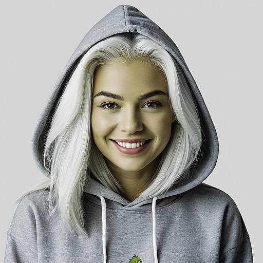 Smiling Woman in Grey Grinch Hoodie