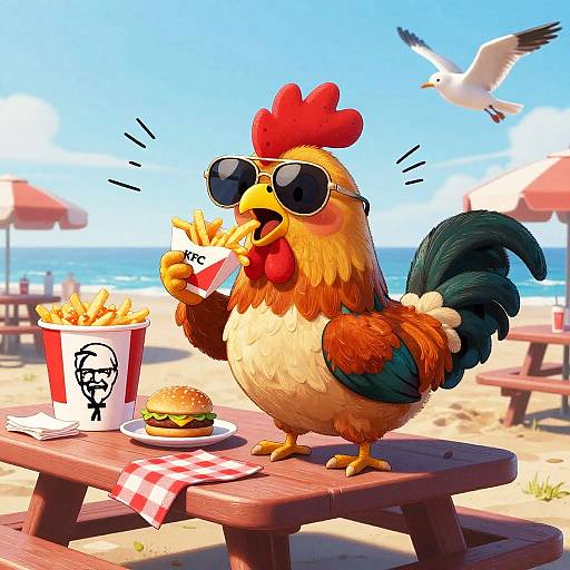 Cocky Rooster Enjoying Seaside Picnic