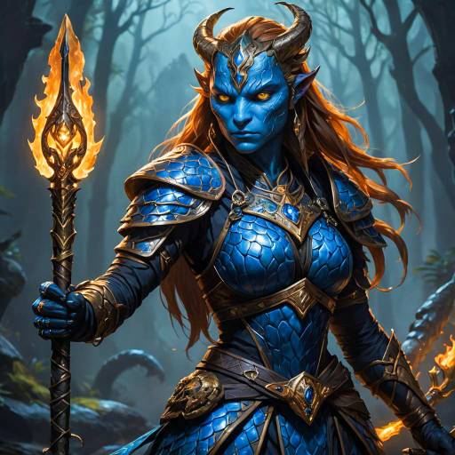 Fantasy Blue Scaled Snake-Human Warrior Woman