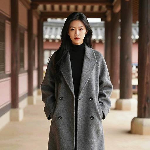 Photograph of an Asian woman with long black hair, wearing a grey double-breasted coat over a black turtleneck, standing in a traditional wooden