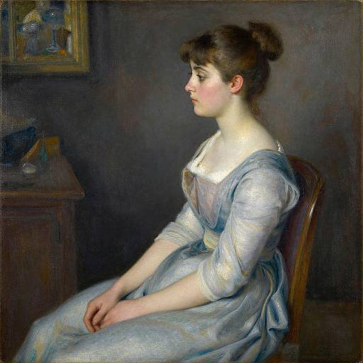 Realistic oil painting of a young Caucasian woman with fair skin, brown hair in a bun, wearing a blue, off-shoulder dress, seated