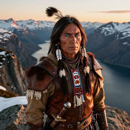 Photograph of a Native American man with long brown hair, wearing traditional fur and leather attire, standing against a mountainous, snowy landscape at sunset.