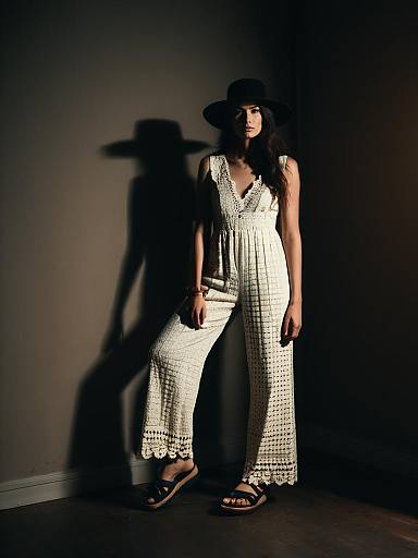 Woman in Cream Crochet Lace Jumpsuit with Black Hat