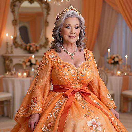 Glamorous Older Woman in Orange Fantasy Gown
