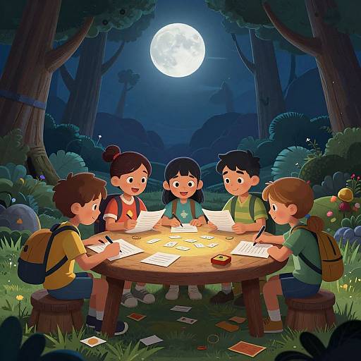 Cartoon illustration of five children, two girls, three boys, sitting around a glowing campfire in a moonlit forest, writing in notebooks.