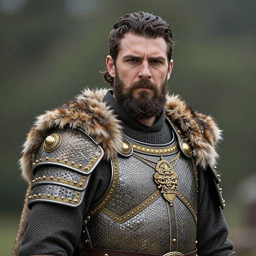 Photograph of a bearded, serious-looking man with dark hair, wearing detailed, metallic armor with fur trim, standing against a blurred green forest background
