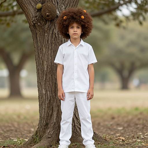 Boy with Afro and Fruit in Hair Standing by Tree