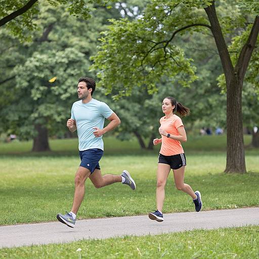 Photograph of a man and woman jogging on a park path, both wearing athletic clothes, surrounded by lush green trees and grass.