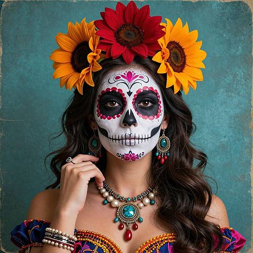 Photograph of a woman with sunflower headpiece, white skull face paint, colorful earrings, necklace, and patterned dress, against teal background.