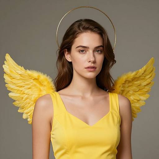 Photograph of a young woman with long brown hair, wearing a yellow tank top and yellow angel wings, with a golden halo, against a gray background