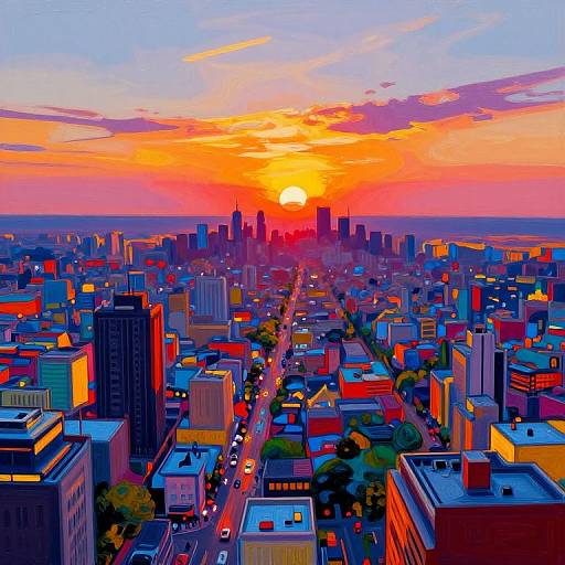Vibrant digital illustration of a cityscape at sunset, featuring colorful buildings, a bright orange sun, and a dynamic sky with pink and purple hues