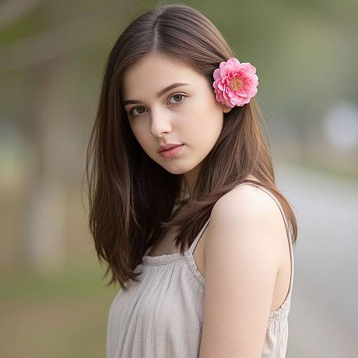 Photograph of a young woman with fair skin, brown hair, and a pink flower in her hair, wearing a white sleeveless dress, looking softly